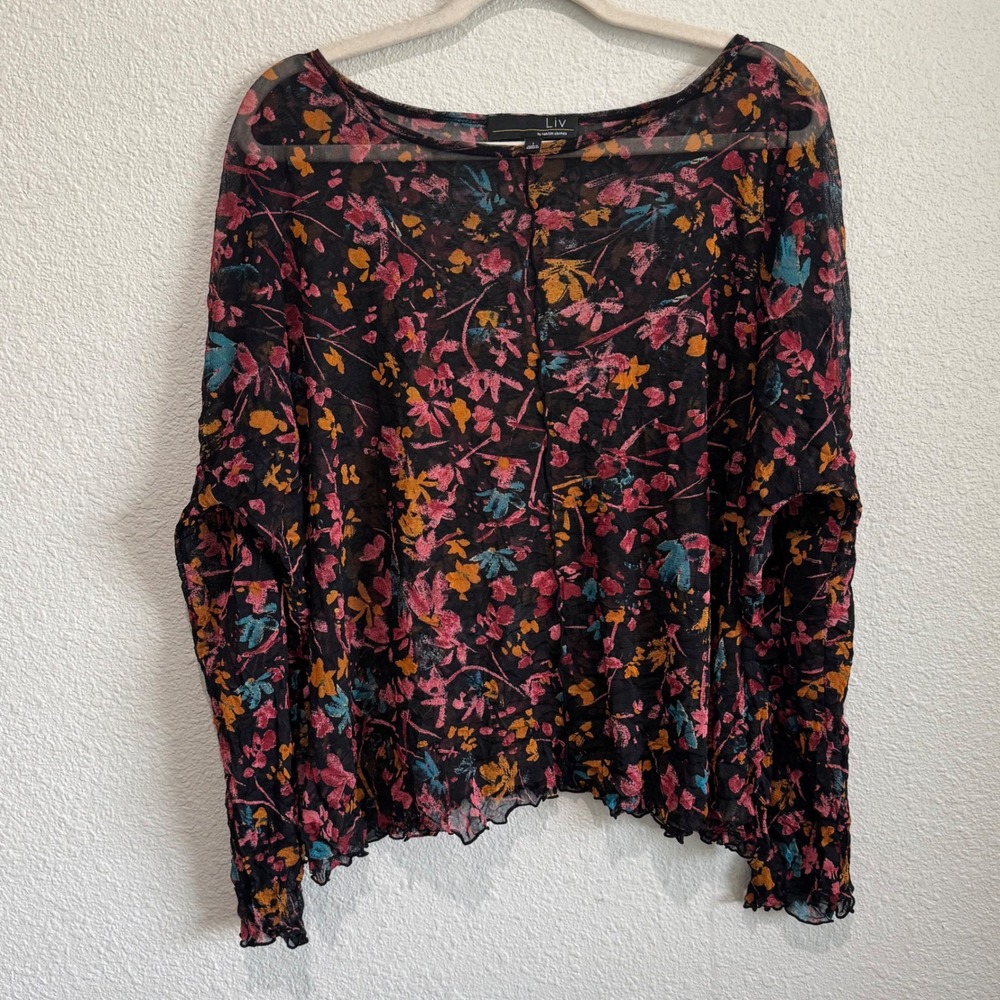 Liv by Habitat Clothes Sheer Floral Mesh Top Black Pink Boxy Large Y2K‎ Boho
